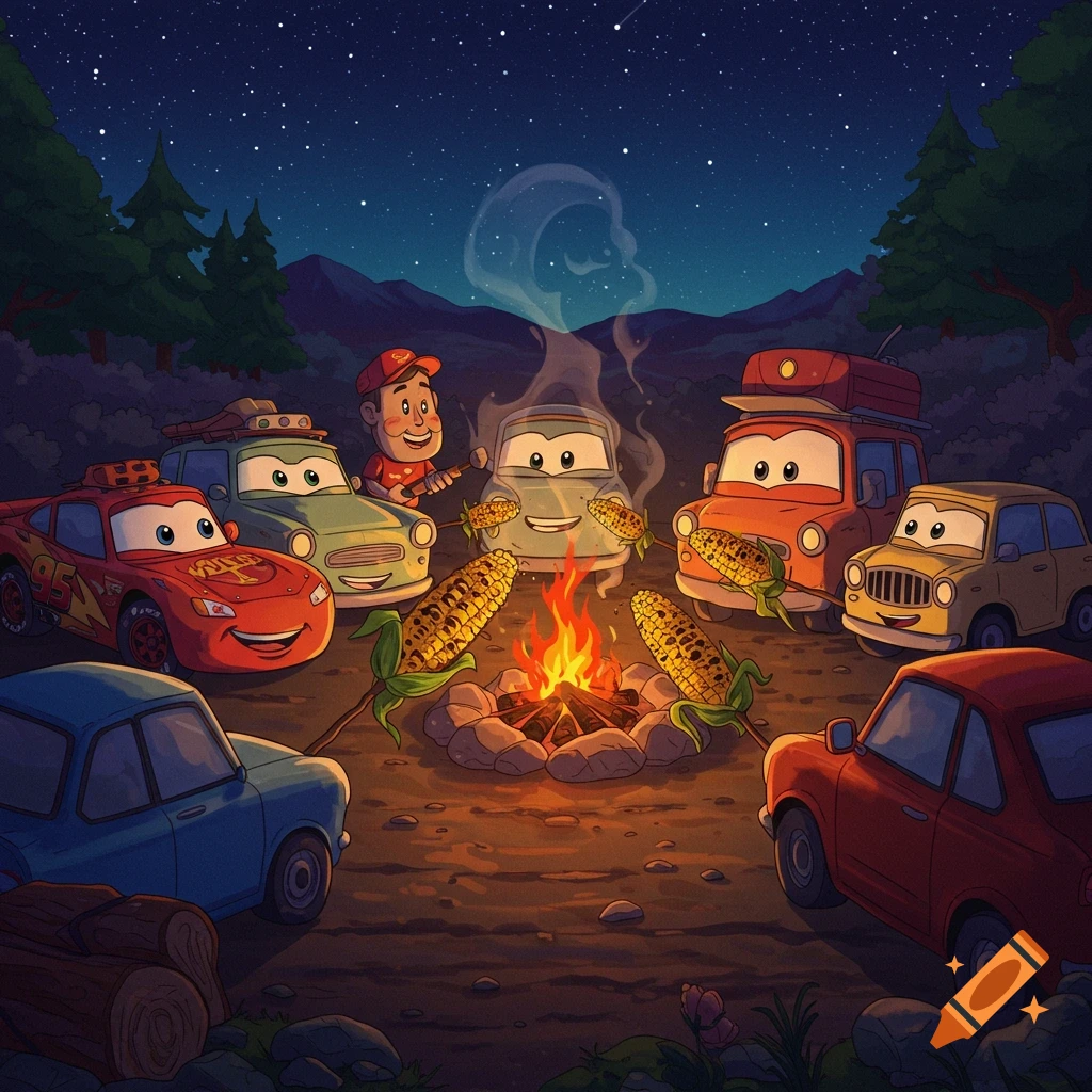 Cartoon vehicles and a man roasting corn around a campfire at night.