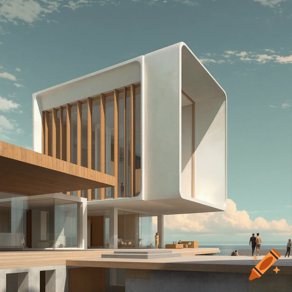 A photorealistic render of a minimalist modern building with white curved walls, glass, and wood accents overlooking the ocean under a blue sky.