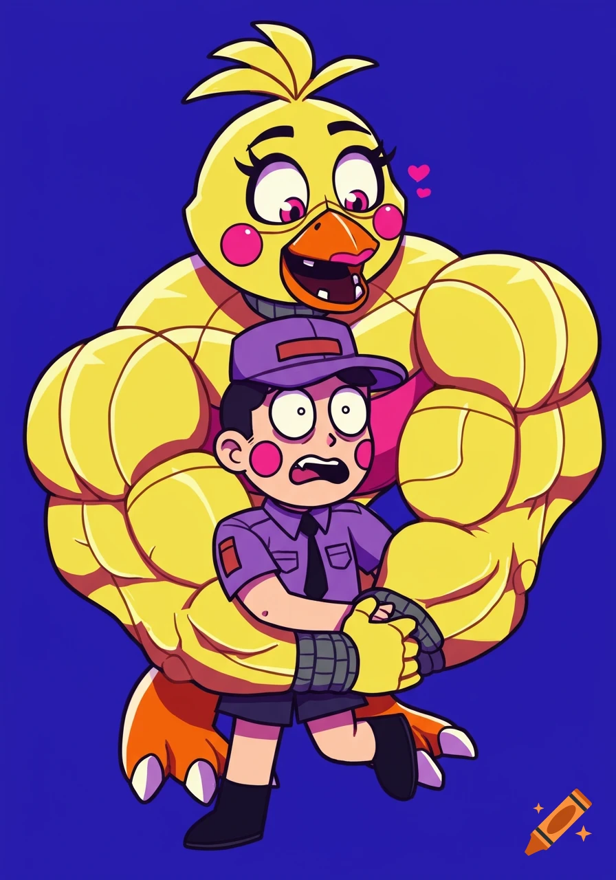 A muscular, yellow cartoon chicken character with pink cheeks hugs a smaller, purple-uniformed male nightguard against a blue background in an anime style.