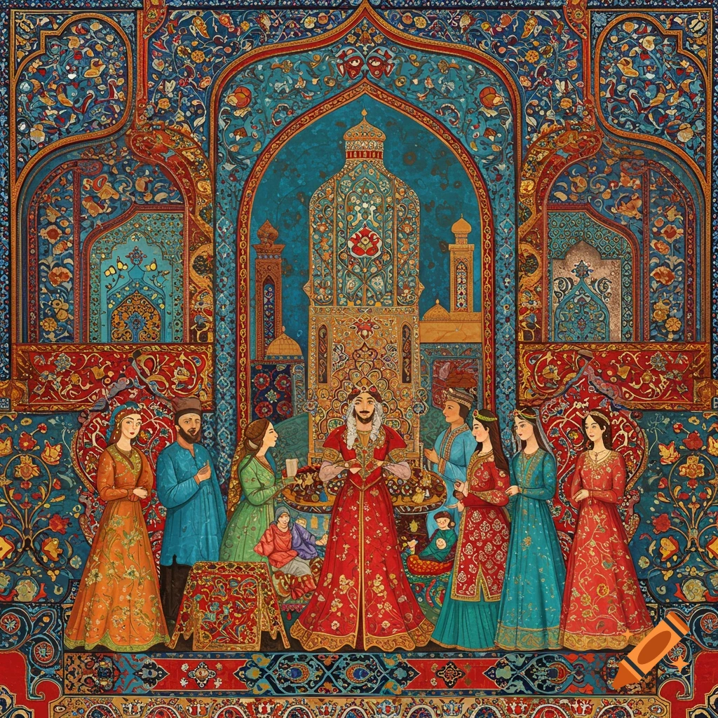 Ornate and colorful Persian miniature style painting showing a ruler and his court in a richly decorated palace.