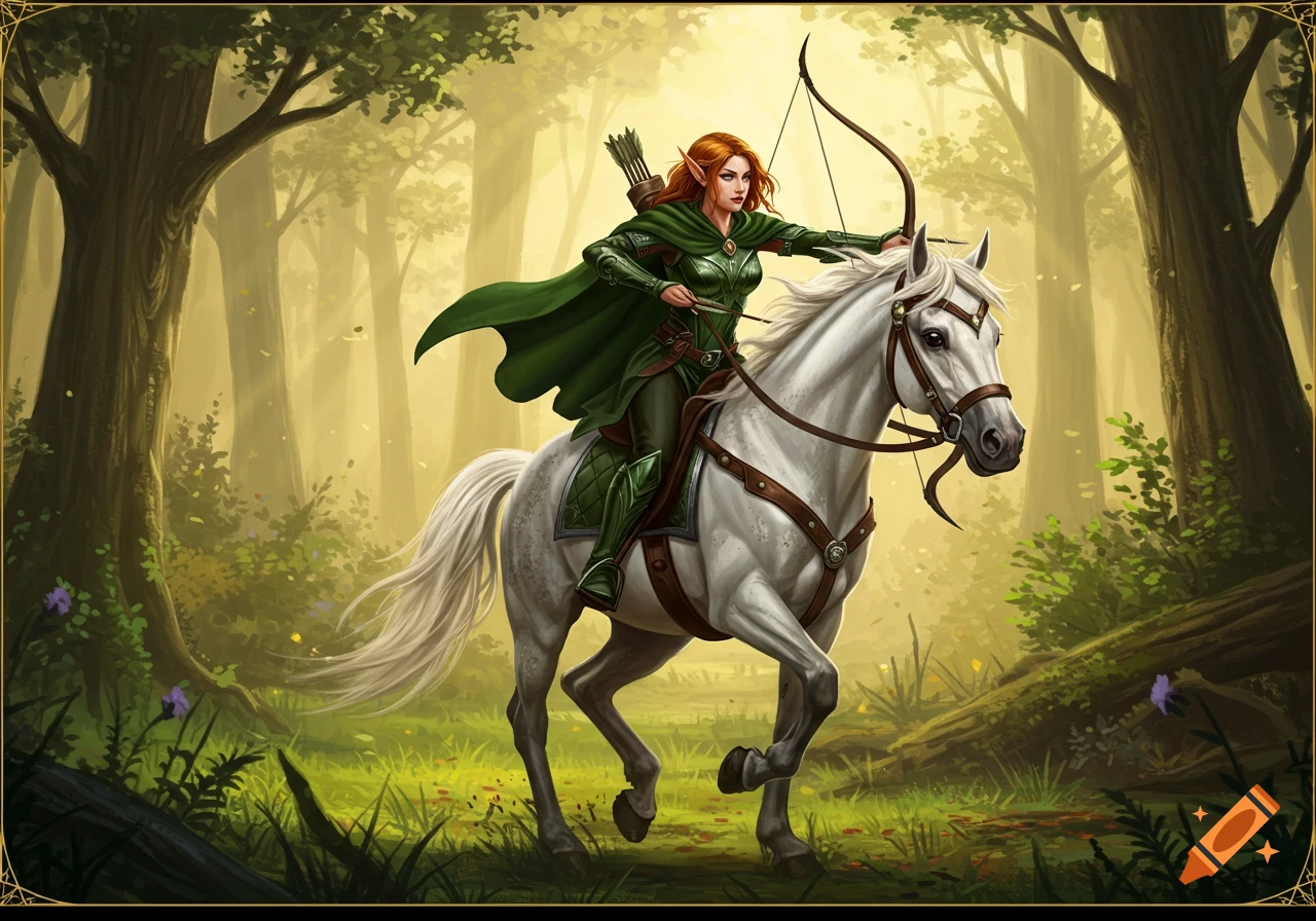 A red-haired female elf archer in green armor rides a white horse through a sun-dappled forest in a fantasy art style.