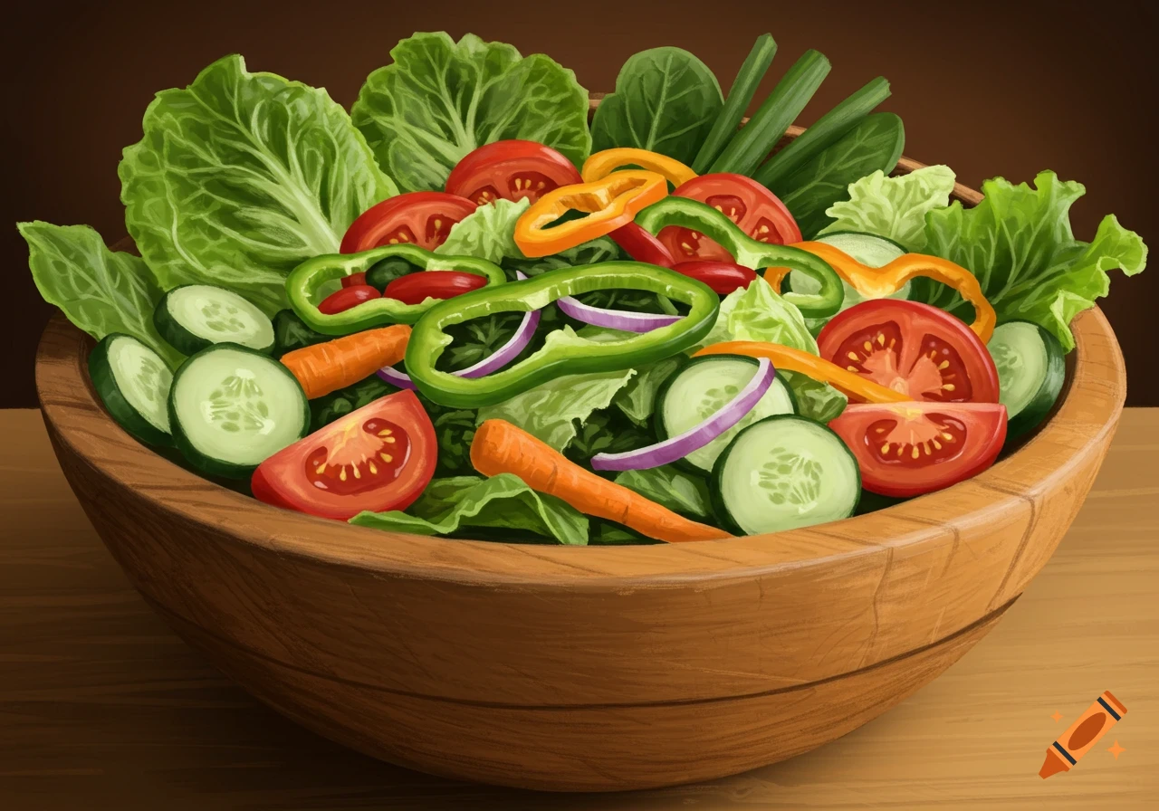 A vibrant illustration of a fresh salad in a wooden bowl, featuring lettuce, tomatoes, cucumbers, peppers, and carrots.