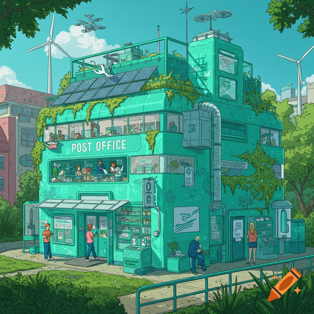 A teal solarpunk post office building with solar panels and lush greenery, bustling with people, in an urban setting with wind turbines.