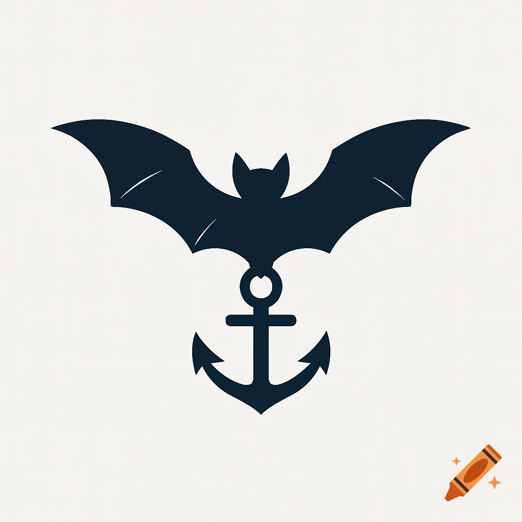 A minimalist vector logo combining a black bat with an anchor, against a white background.