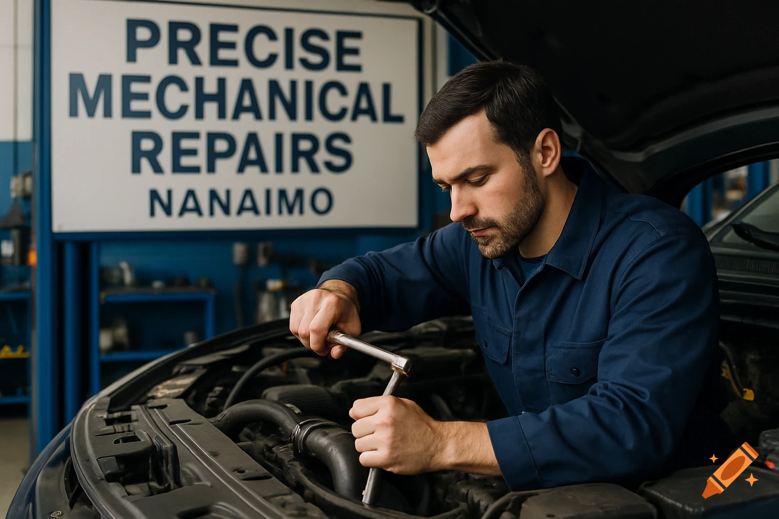 A male mechanic works on a car engine in a garage with a sign that reads 'Precise Mechanical Repairs Nanaimo'.