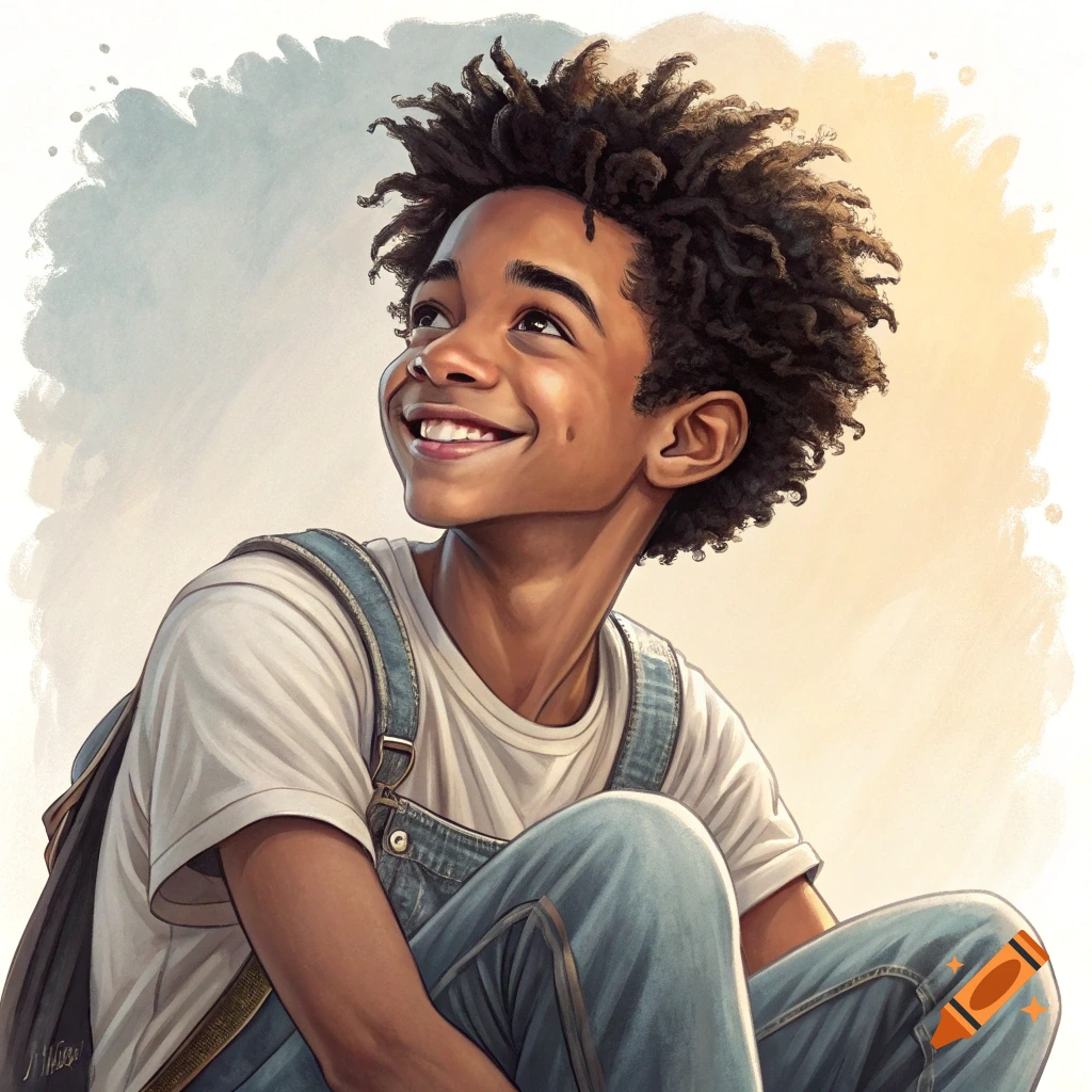 A smiling young boy with curly hair, wearing overalls, looking up against a painted background.