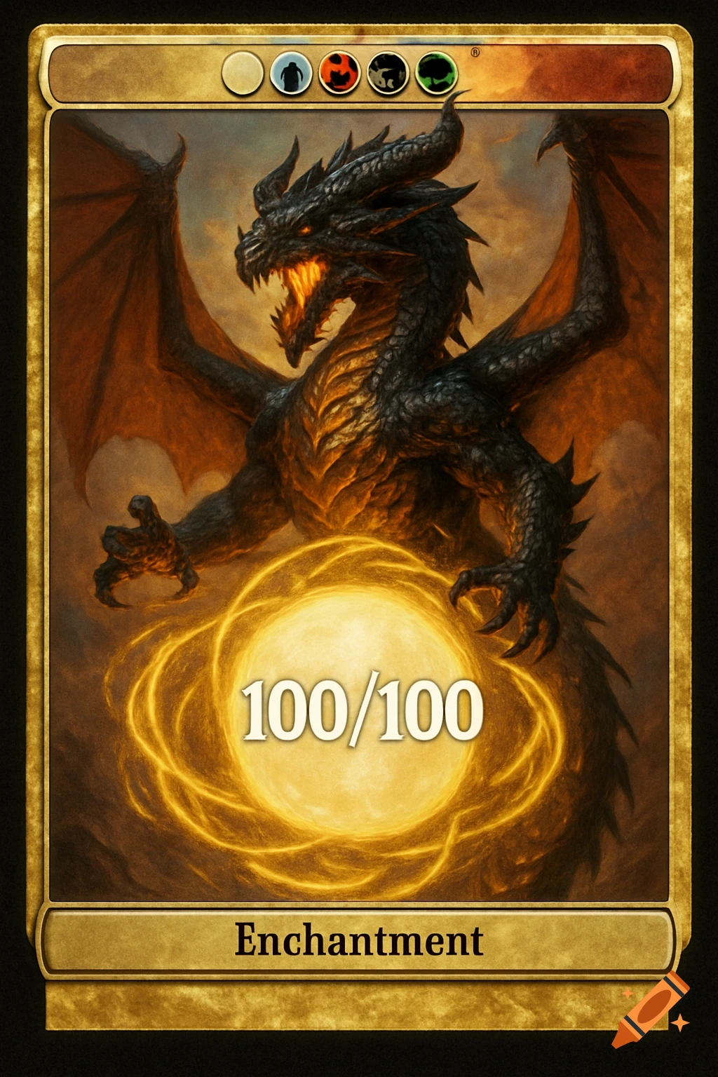 A black and orange dragon with glowing eyes and mouth on a fantasy trading card, featuring "100/100" and "Enchantment" text.