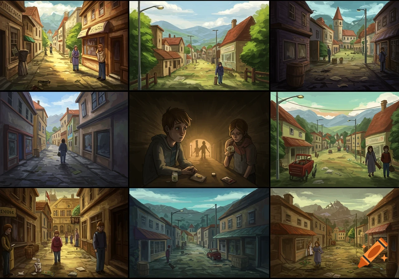 A grid of 9 stylized illustrations depicting a somber, somewhat desolate town street and two sad-looking individuals in a dark room.