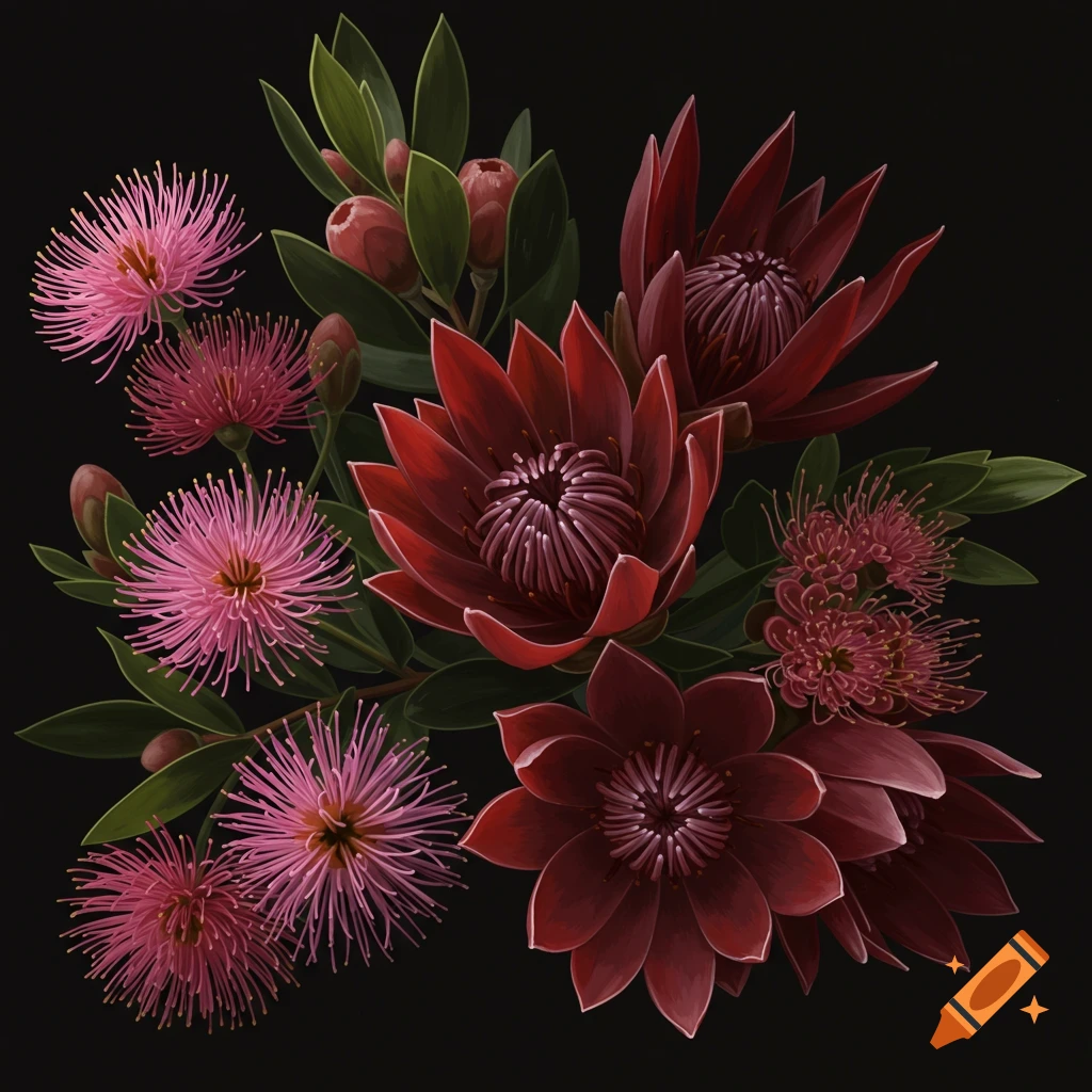 A vibrant bouquet of pink and deep red flowers with green leaves, rendered in a realistic style against a solid black background.