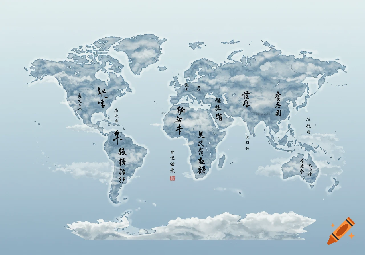 A world map illustrated with clouds, featuring Chinese calligraphy over the continents, set against a light blue background.