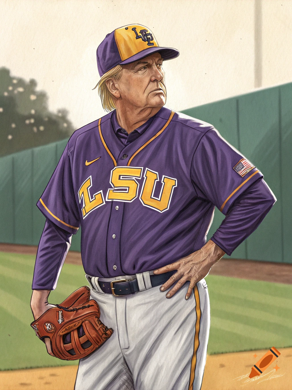 An illustration of Donald Trump wearing a purple and yellow LSU baseball uniform with a glove on a baseball field.