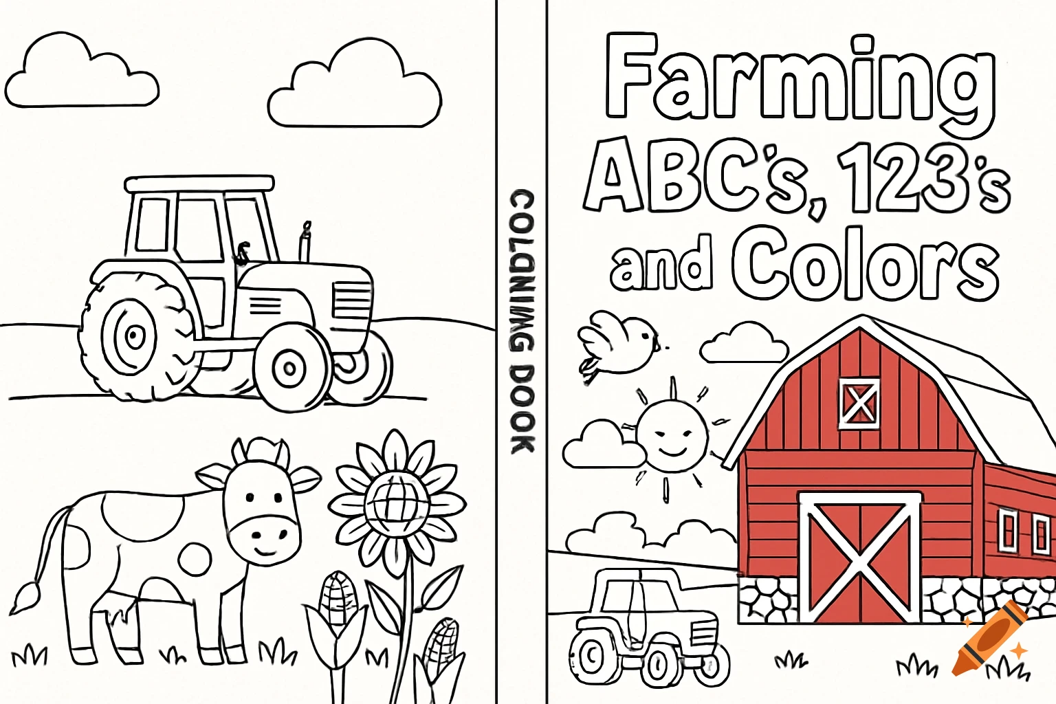 A children's coloring book cover featuring a farm scene with a tractor, cow, sunflowers, and a red barn.