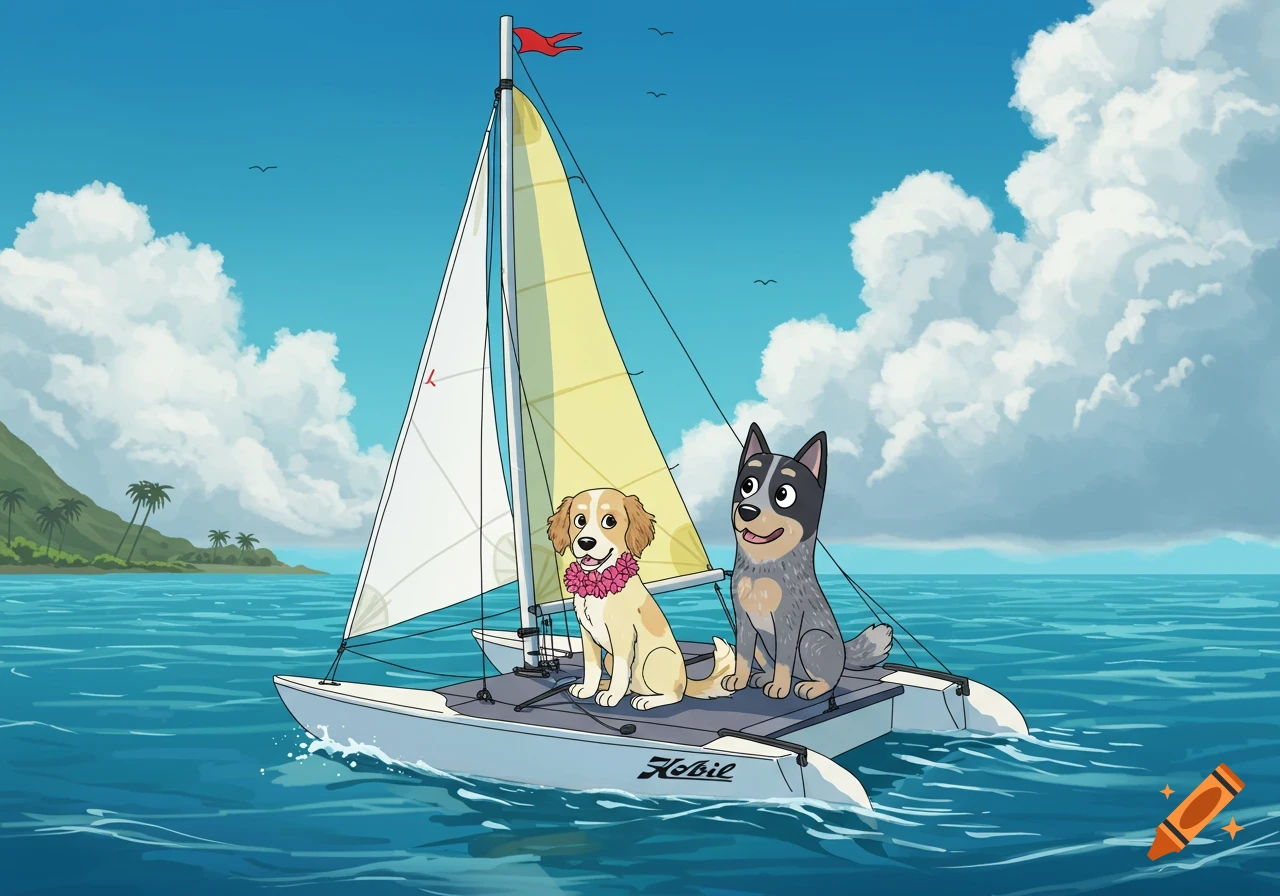 A cartoon of a golden retriever mix and a blue heeler dog sailing a Hobie catamaran in a tropical ocean.
