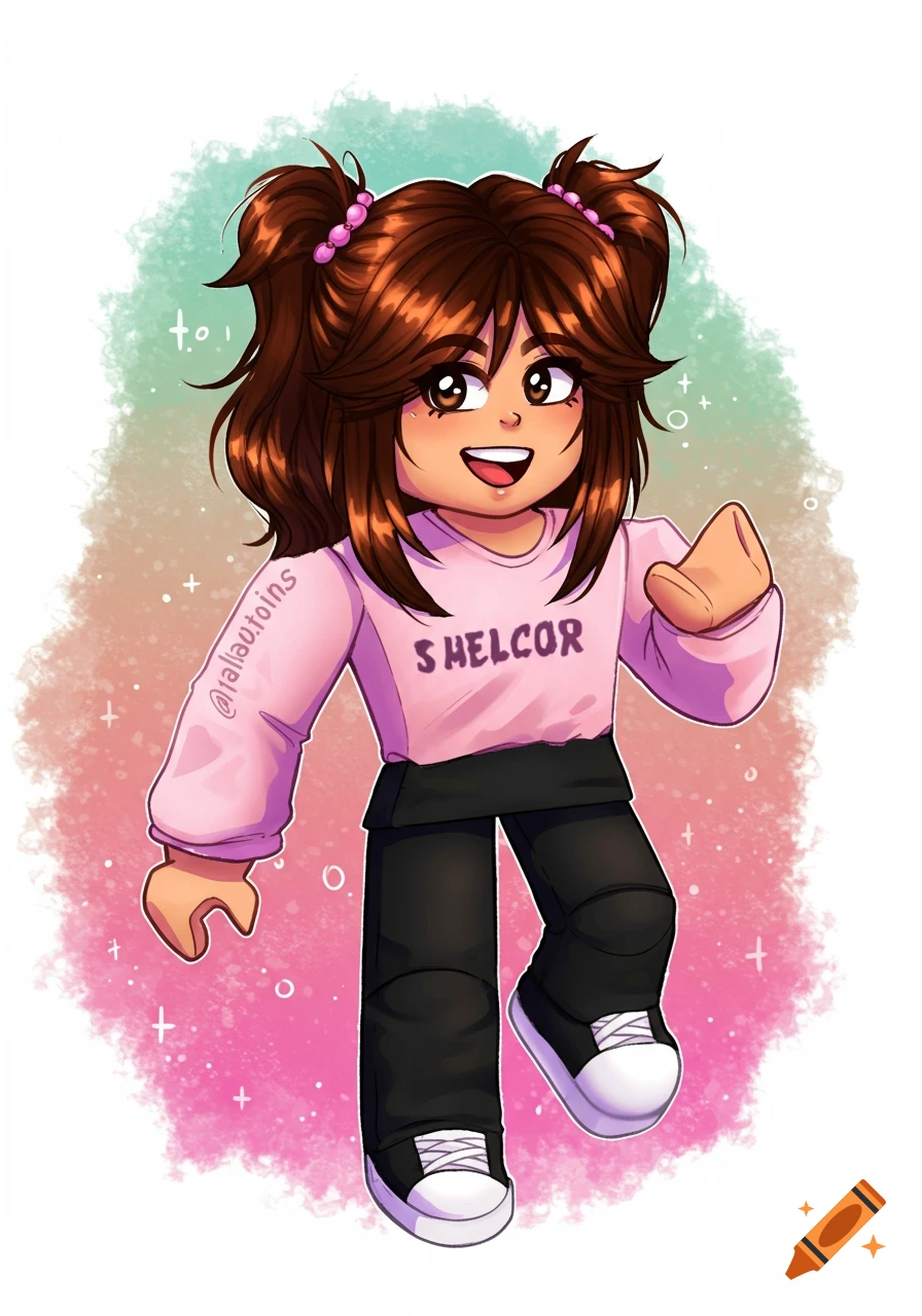 A stylized Roblox avatar of a girl with brown hair in pigtails, wearing a pink sweater with "SHEL COR" on it, and black pants and white sneakers. She is smiling and has a vibrant background.