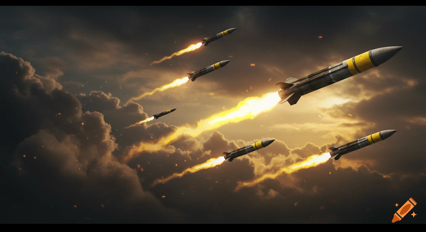Multiple missiles with fiery trails soar through a dramatic, cloudy sky at dusk.