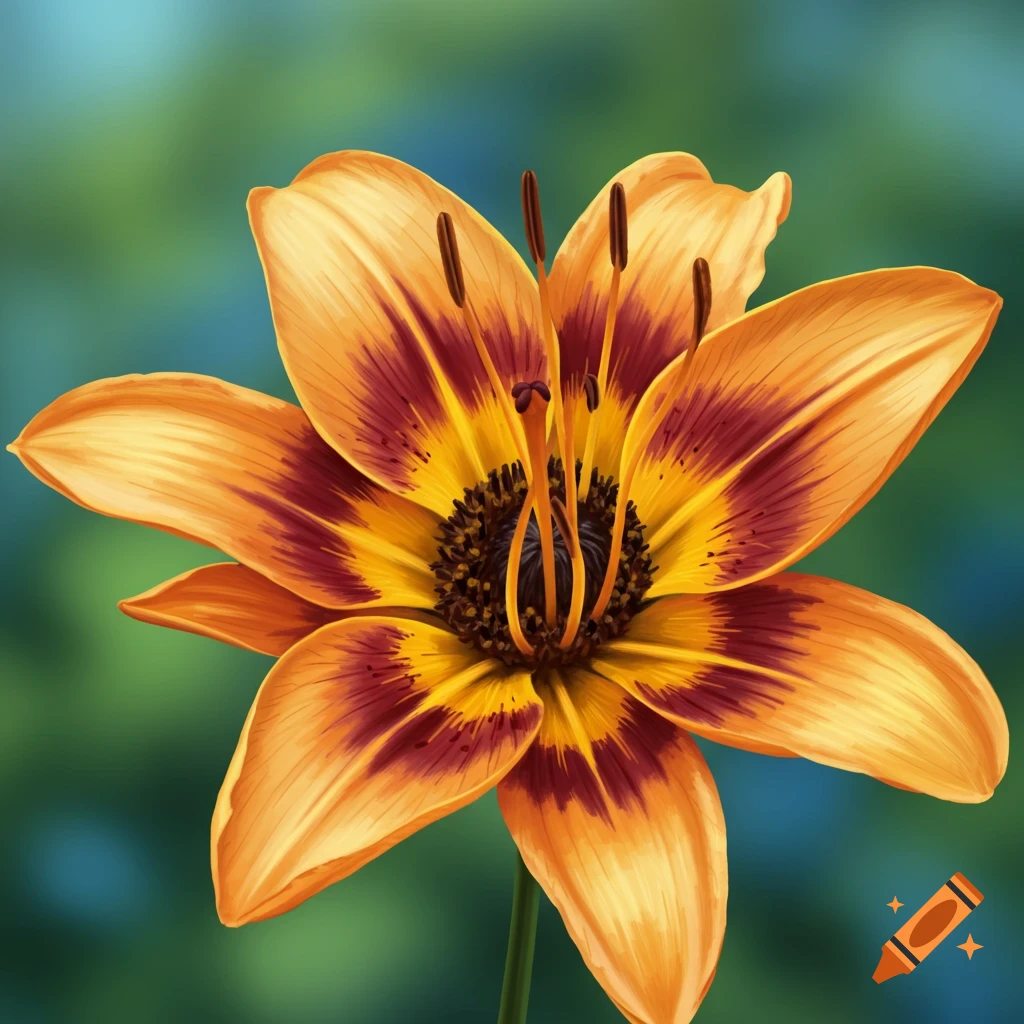 A vibrant orange and red flower with a dark center, resembling a tiger lily and sunflower mix, against a blurred green background.