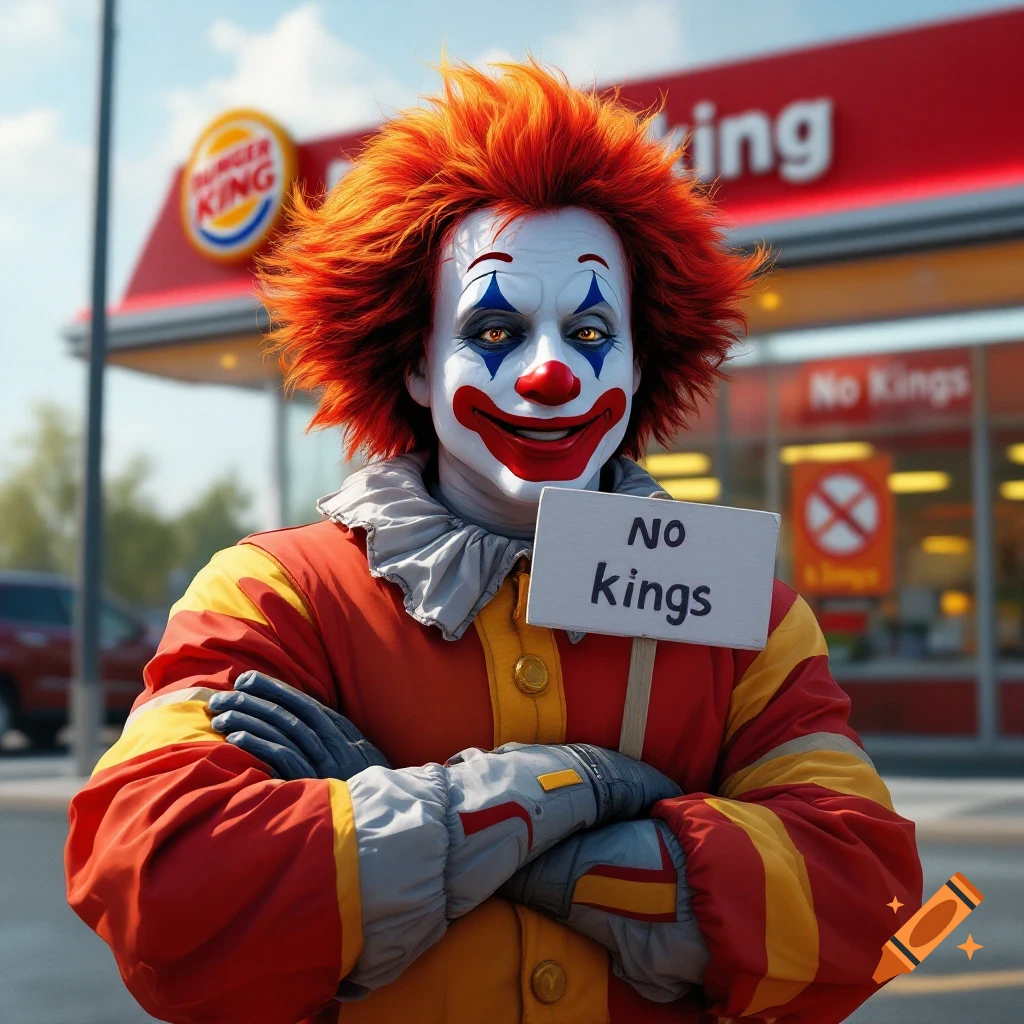 A clown resembling Ronald McDonald stands outside a Burger King restaurant, holding a white sign that reads "No kings" while crossing their arms.