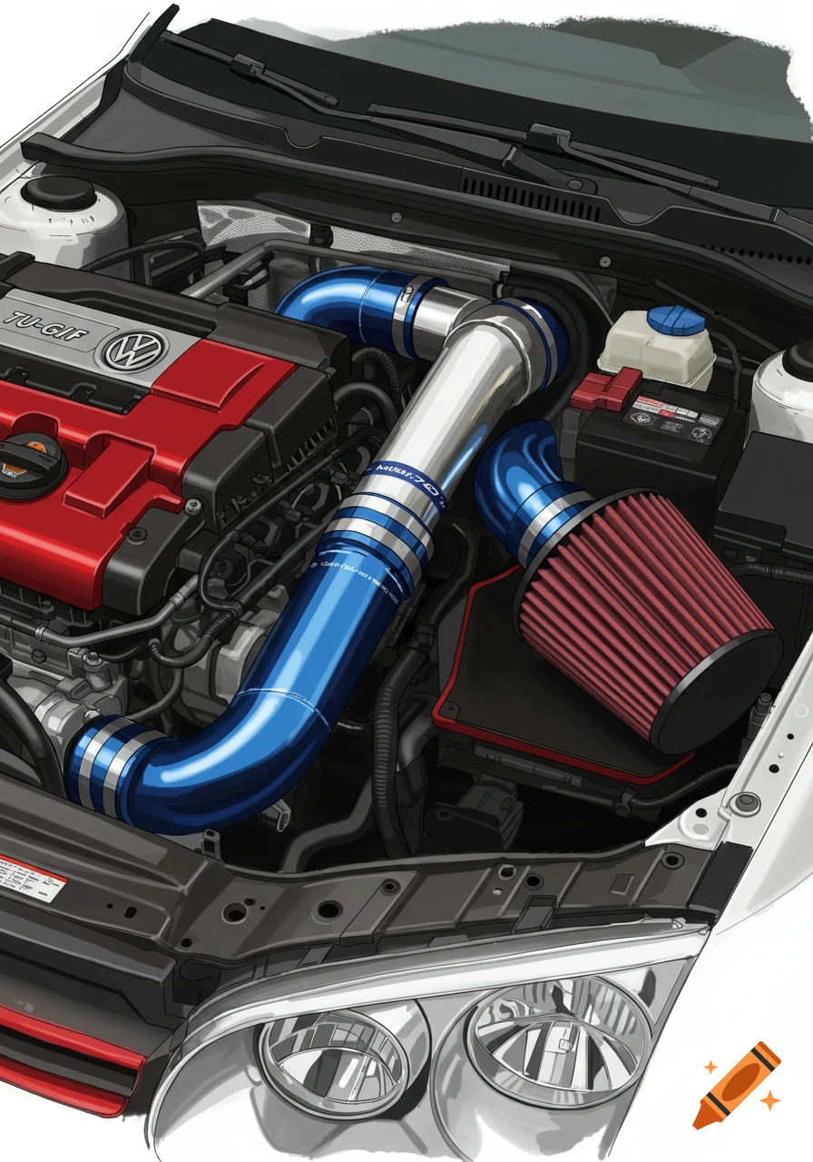Detailed illustration of a Volkswagen Golf engine bay with a custom blue and silver cold air intake system.