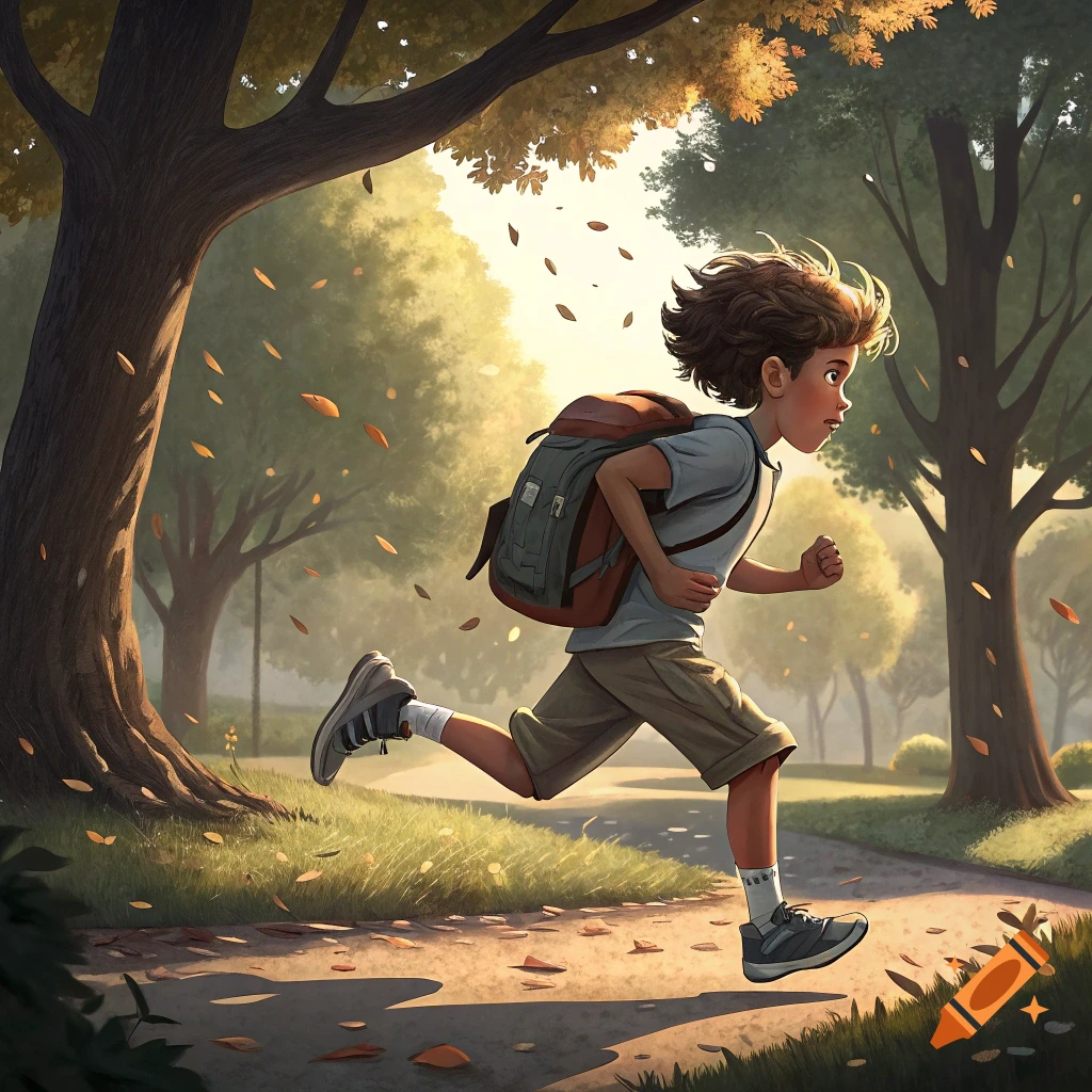 A cartoon illustration of a young boy with a backpack running on a path through a park with falling leaves.