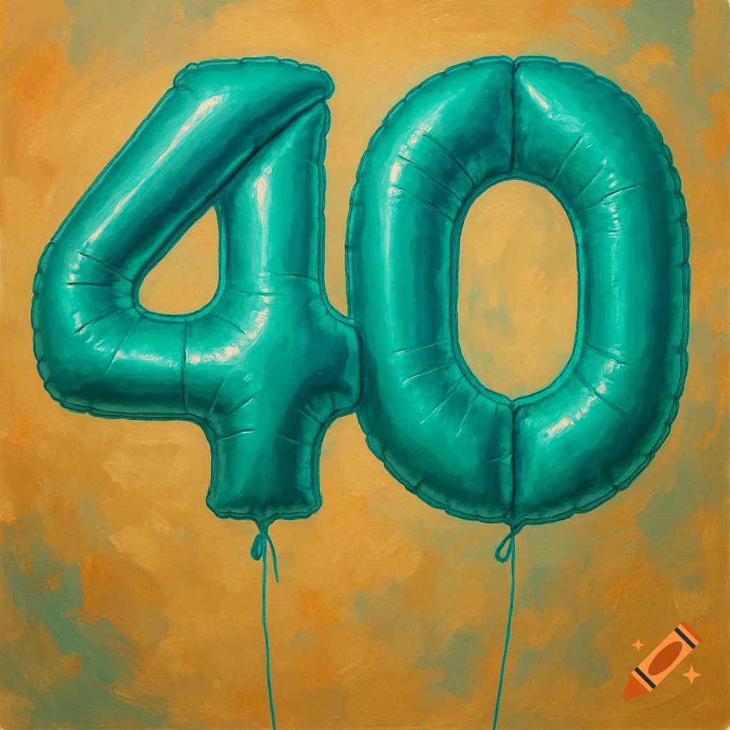 Large teal number 40 balloons float against an orange, painterly background.