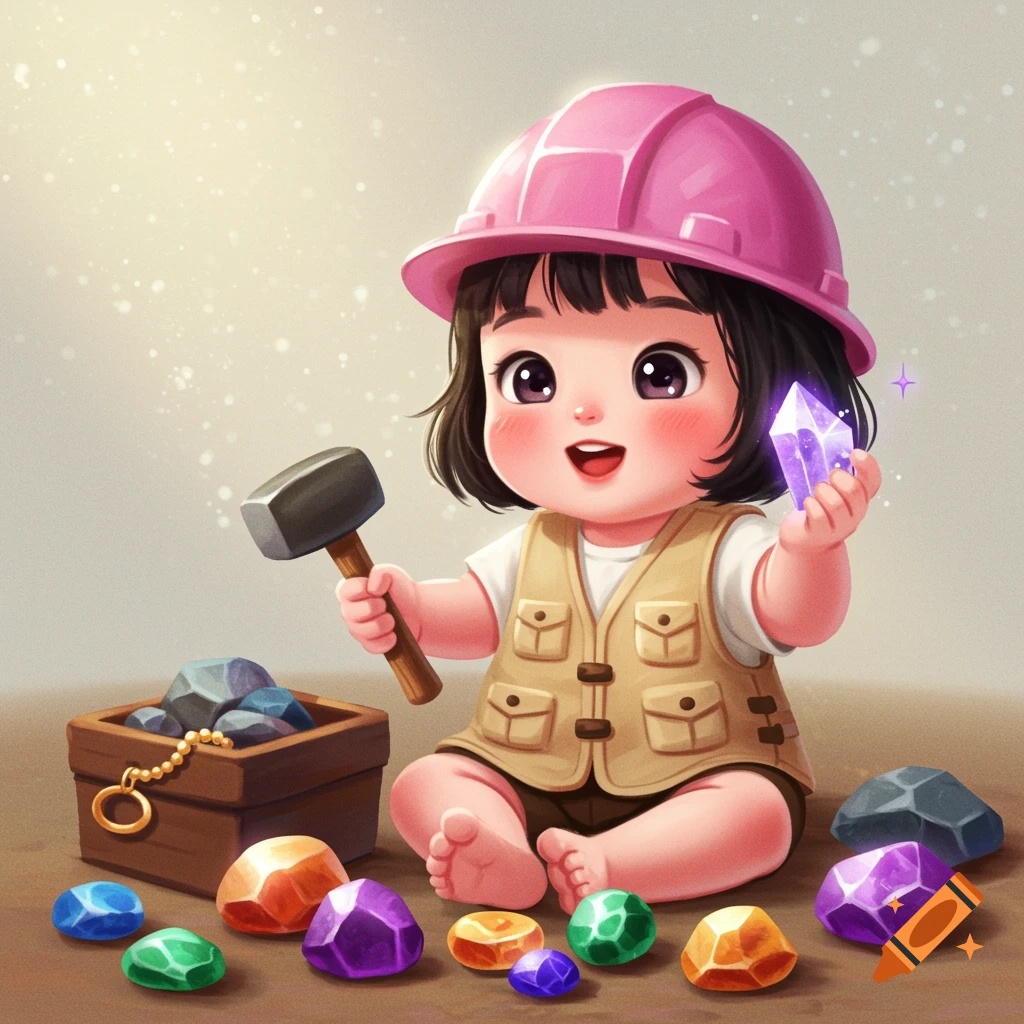 A cute cartoon baby girl geologist in a pink hard hat and vest holds a hammer and a purple crystal, surrounded by colorful gems.