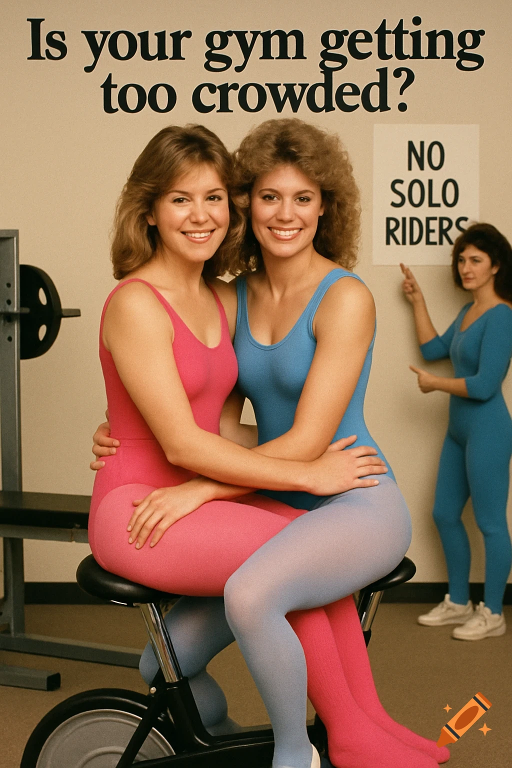 Two smiling women in 80s leotards and tights sit on an exercise bike in a gym, with a 'No solo riders' sign. 1986 advertisement style.
