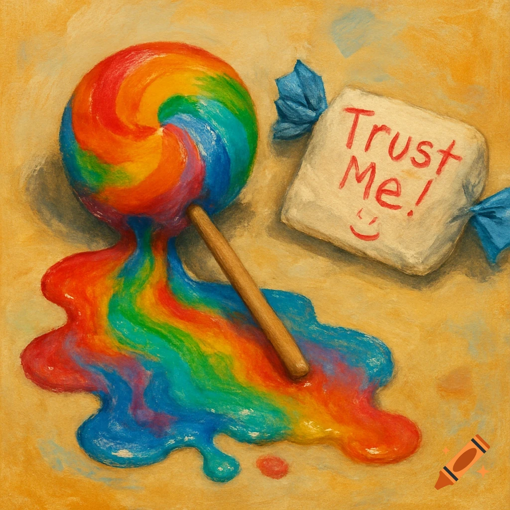 A rainbow lollipop melting into a puddle of colorful goo next to a white candy wrapper with "Trust Me!" written on it, in a painterly style.