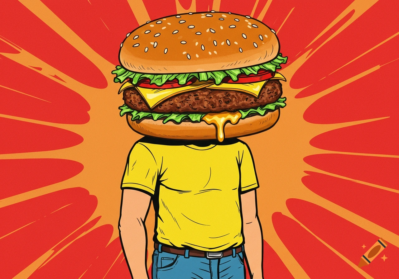A cartoon-style illustration of a person with a large hamburger for a head, wearing a yellow t-shirt and blue jeans, against a red and orange sunburst background.
