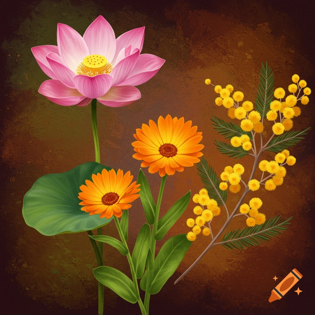 A vibrant illustration of a pink lotus flower, two orange calendula flowers, and yellow mimosa branches on a dark textured background.
