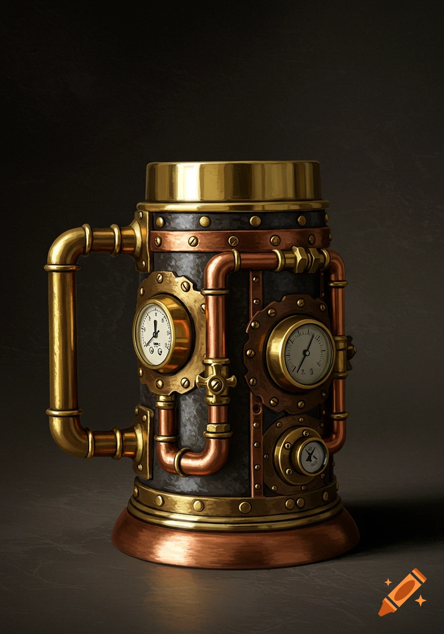A detailed, photorealistic steampunk-style mug made of brass, copper, and dark metal, featuring pipes, gauges, and rivets, against a dark background.