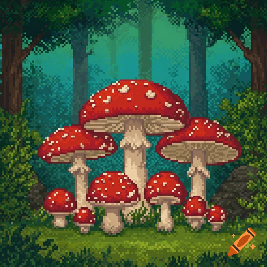 A group of red and white spotted mushrooms in a pixel art forest.