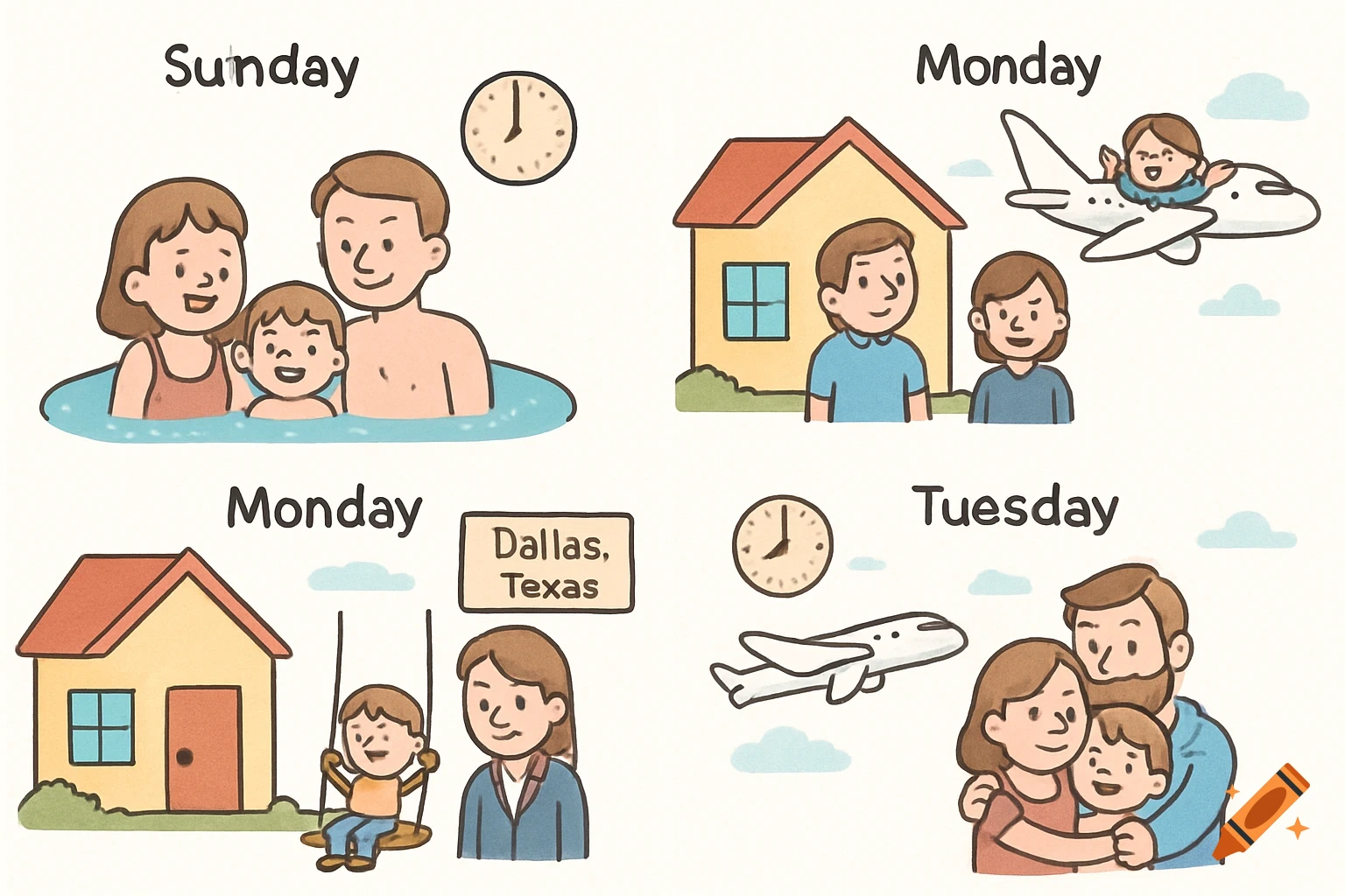 A four-panel cartoon illustrating a family's weekly activities, including swimming, travel by plane, and hugging, with day labels and a sign for Dallas, Texas.