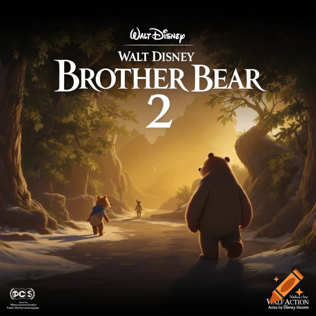 A live-action movie poster for "Walt Disney Brother Bear 2" showing two bears and a cub walking down a path through a forest at sunset, with a "Walt Disney" logo at the top.