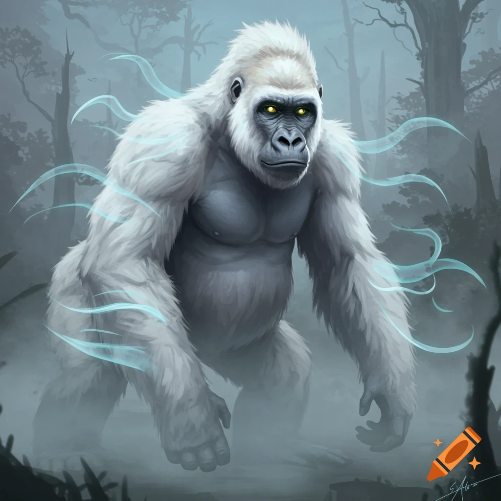 An imposing albino gorilla with glowing yellow eyes and blue ethereal wisps stands in a misty, dark forest.