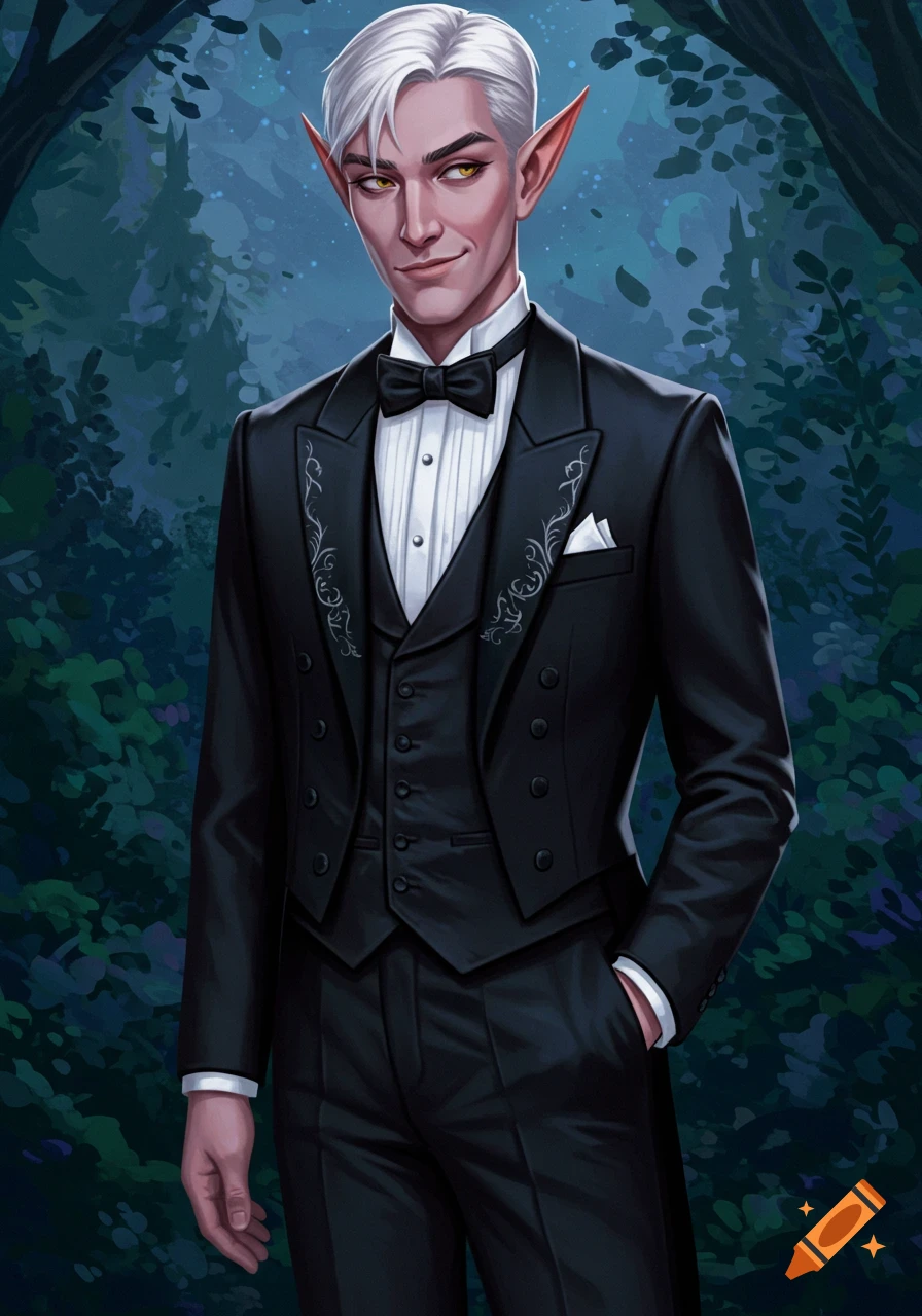 An elf with white hair and yellow eyes, wearing a black tuxedo, stands ...