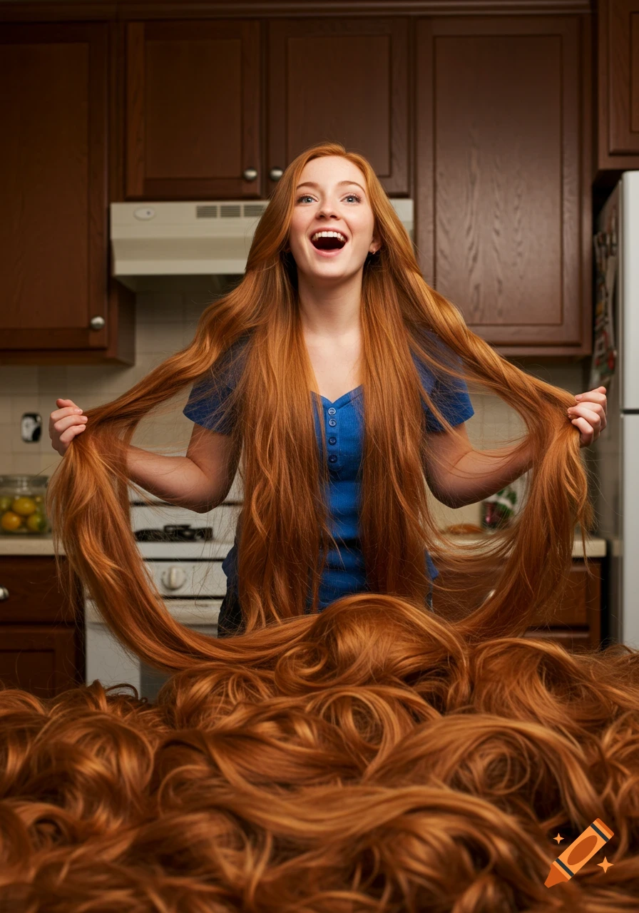 A happy young woman with extremely long, red hair flowing around her in a kitchen. Photorealistic.