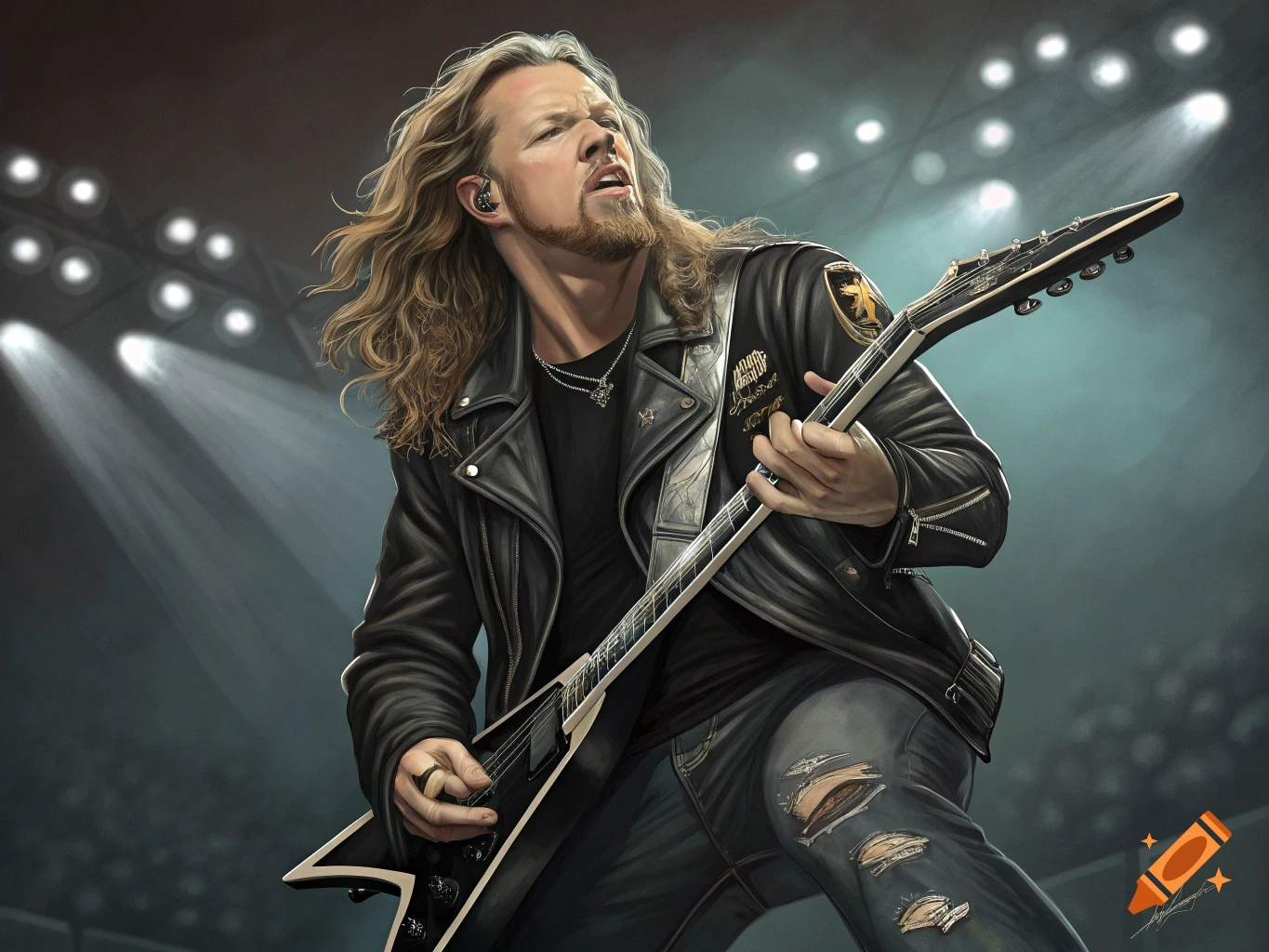 An illustrative portrait of James Hetfield playing an electric guitar on stage, bathed in spotlights.