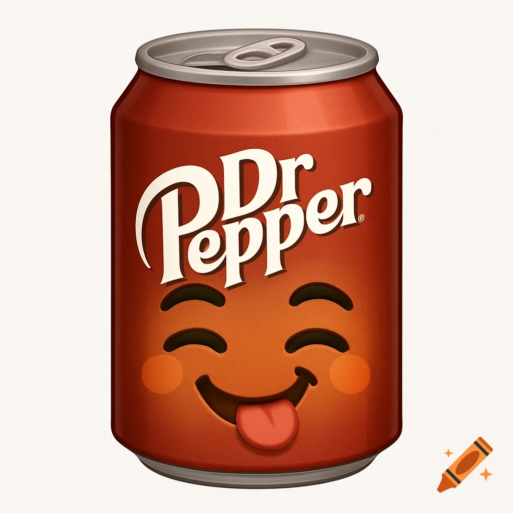 A brown Dr Pepper soda can with a smiling emoji face sticking its tongue out on a white background.