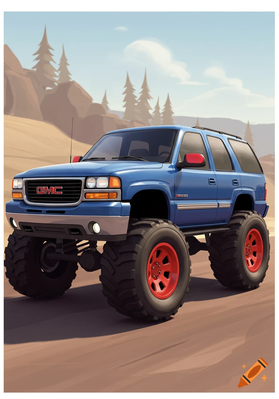 A blue GMC Yukon monster truck in Team Fortress 2 style on a sandy, mountainous terrain.