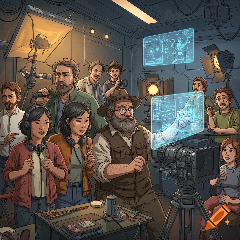 An illustrated scene of a diverse film crew on a movie set, with a director interacting with a holographic screen.
