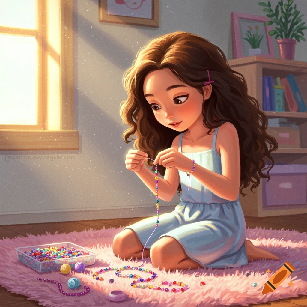 A cartoon girl with long brown hair, sitting on a pink rug, making a colorful beaded bracelet. Sunlight streams through a window.