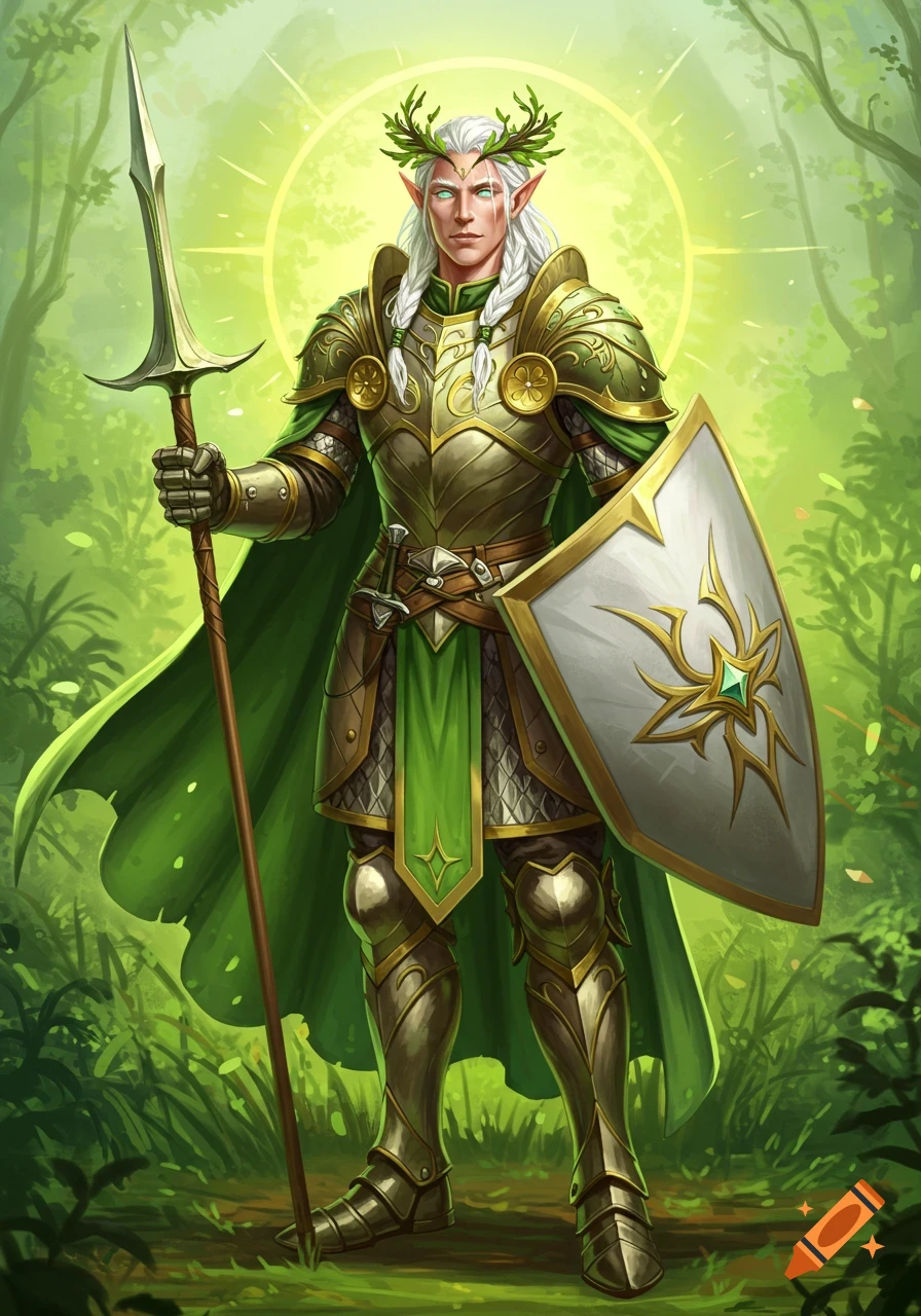 Full-body illustration of an armored, white-haired elf paladin with a spear and shield, standing in a vibrant green forest.