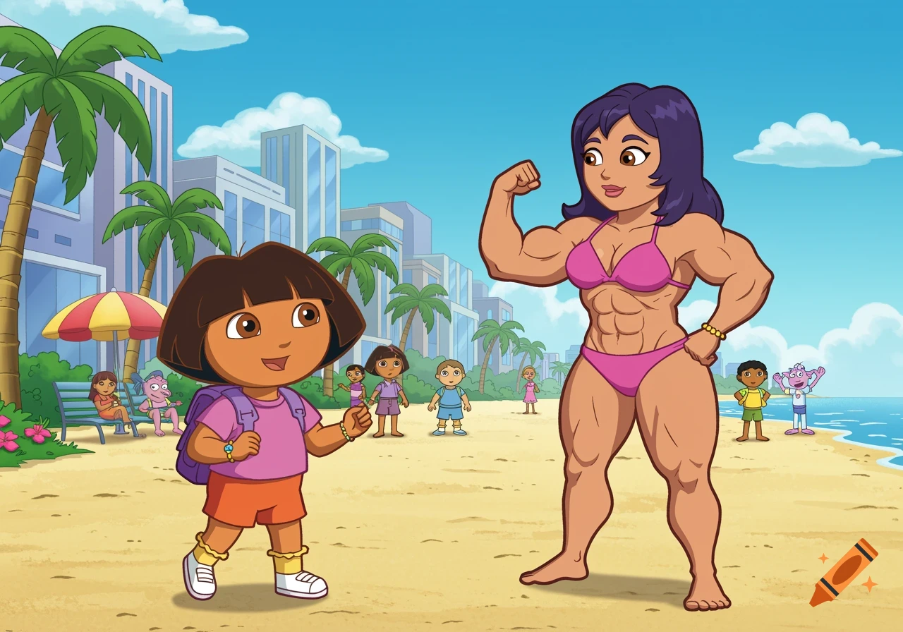 Dora the Explorer meets a muscular woman in a pink bikini on a sunny beach, in a cartoon style.