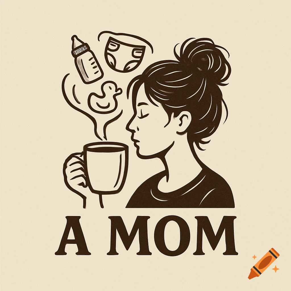 Stylized illustration of a woman with messy bun drinking coffee, with baby bottle, diaper, and rubber duck in steam. Text 'A MOM'.