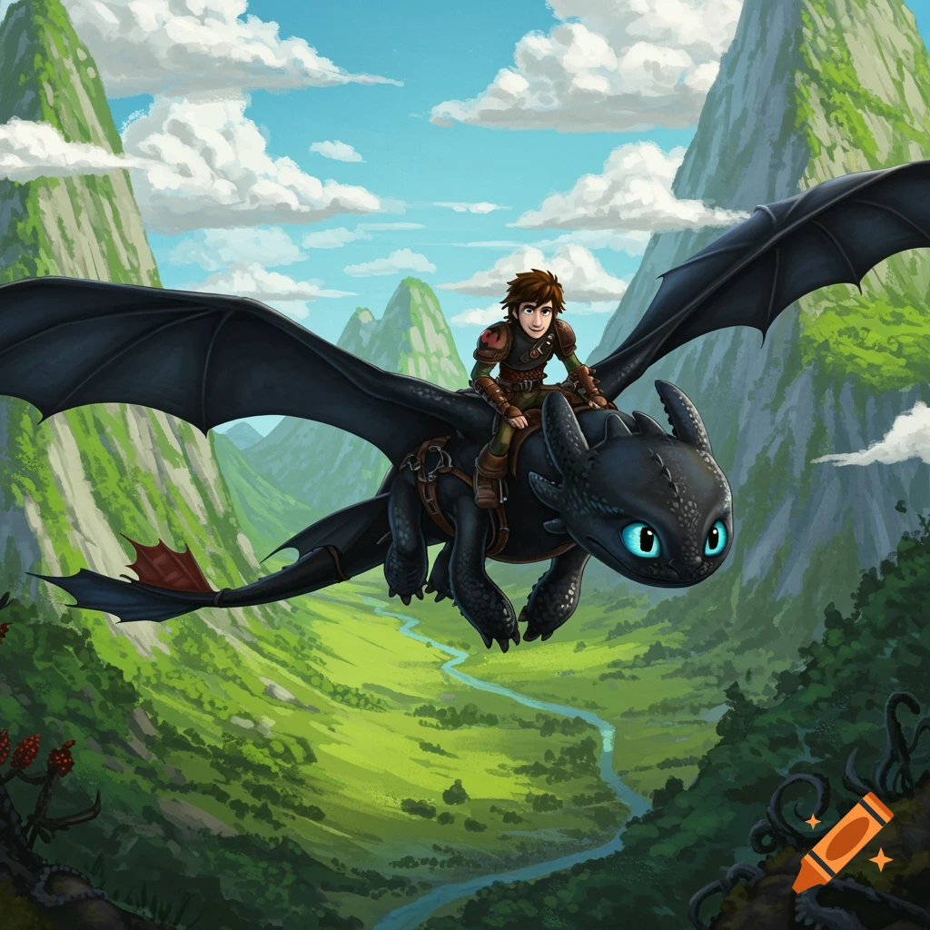 A boy with brown hair rides a black dragon with blue eyes, soaring over a lush green valley with mountains and a winding river under a blue sky.