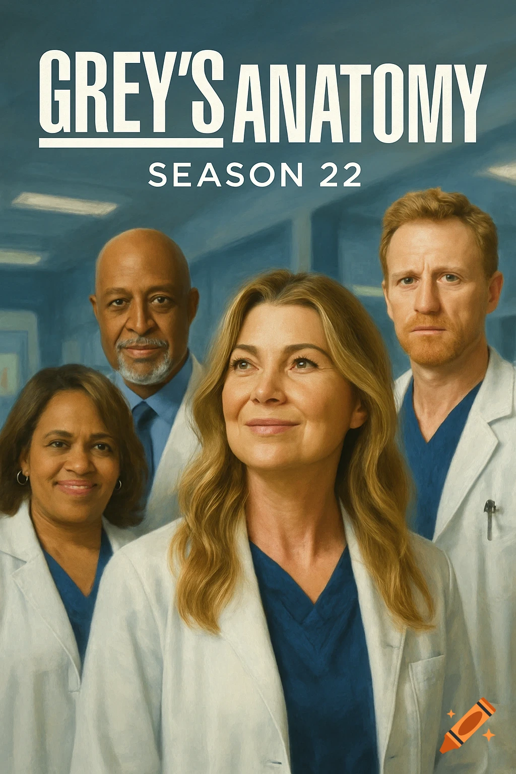 A promotional poster for Grey's Anatomy Season 22, featuring four medical professionals in white lab coats against a teal background. Text reads 'GREY'S ANATOMY SEASON 22'.