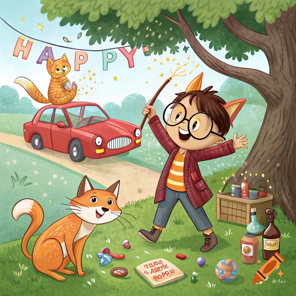 A whimsical illustration of a boy with fox ears and glasses holding a wand, celebrating a birthday outdoors with a fox, a cat on a red car, and a 'HAPPY' banner. Items like bottles and sweets are scattered on the grass.