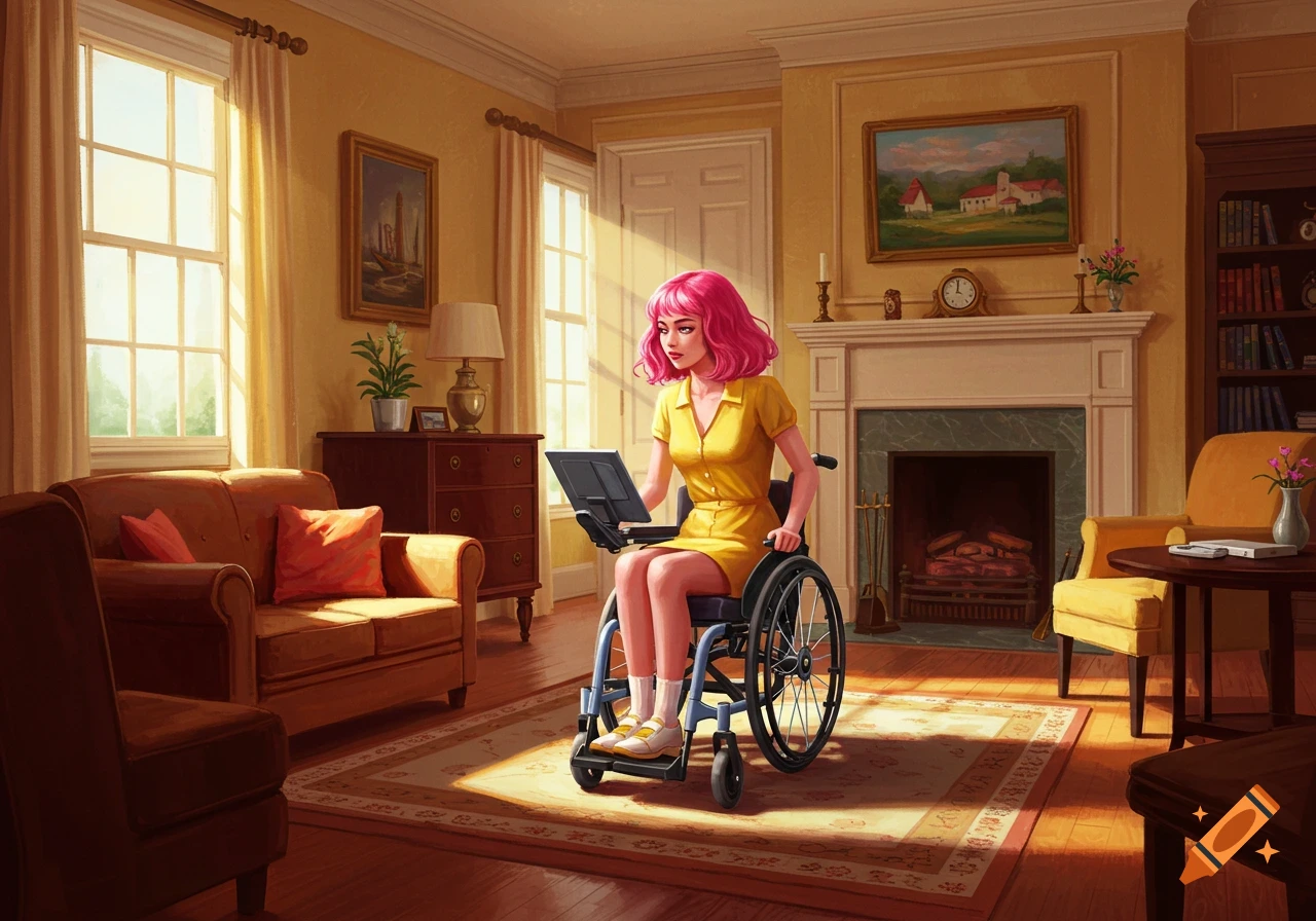 A woman with pink hair sits in a wheelchair, using a laptop in a sunlit living room.