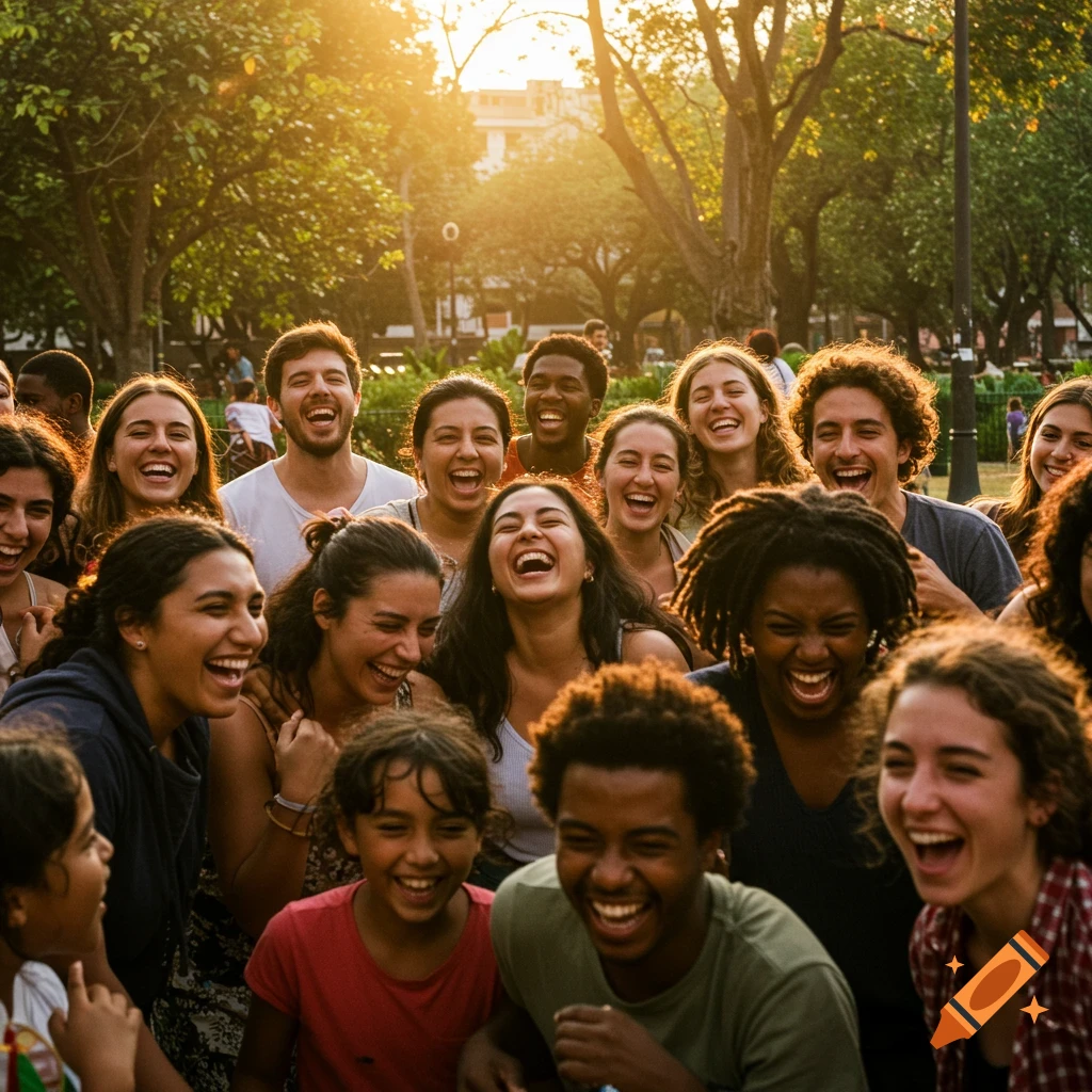 A diverse group of happy people laughing outdoors in a park at sunset, photorealistic.
