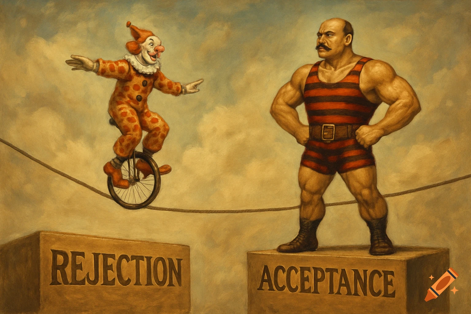 A clown on a unicycle on a tightrope between a platform labeled "REJECTION" and a strongman on a platform labeled "ACCEPTANCE", in a painted style.